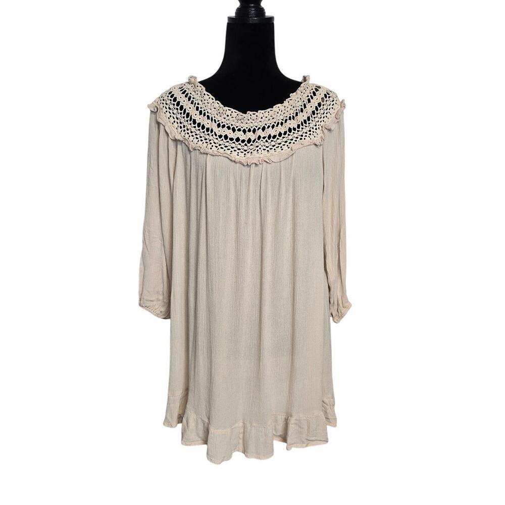 Indigo Soul Crochet Lace Boho Peasant Dress Small Ivory Beige Ruffle Rayon